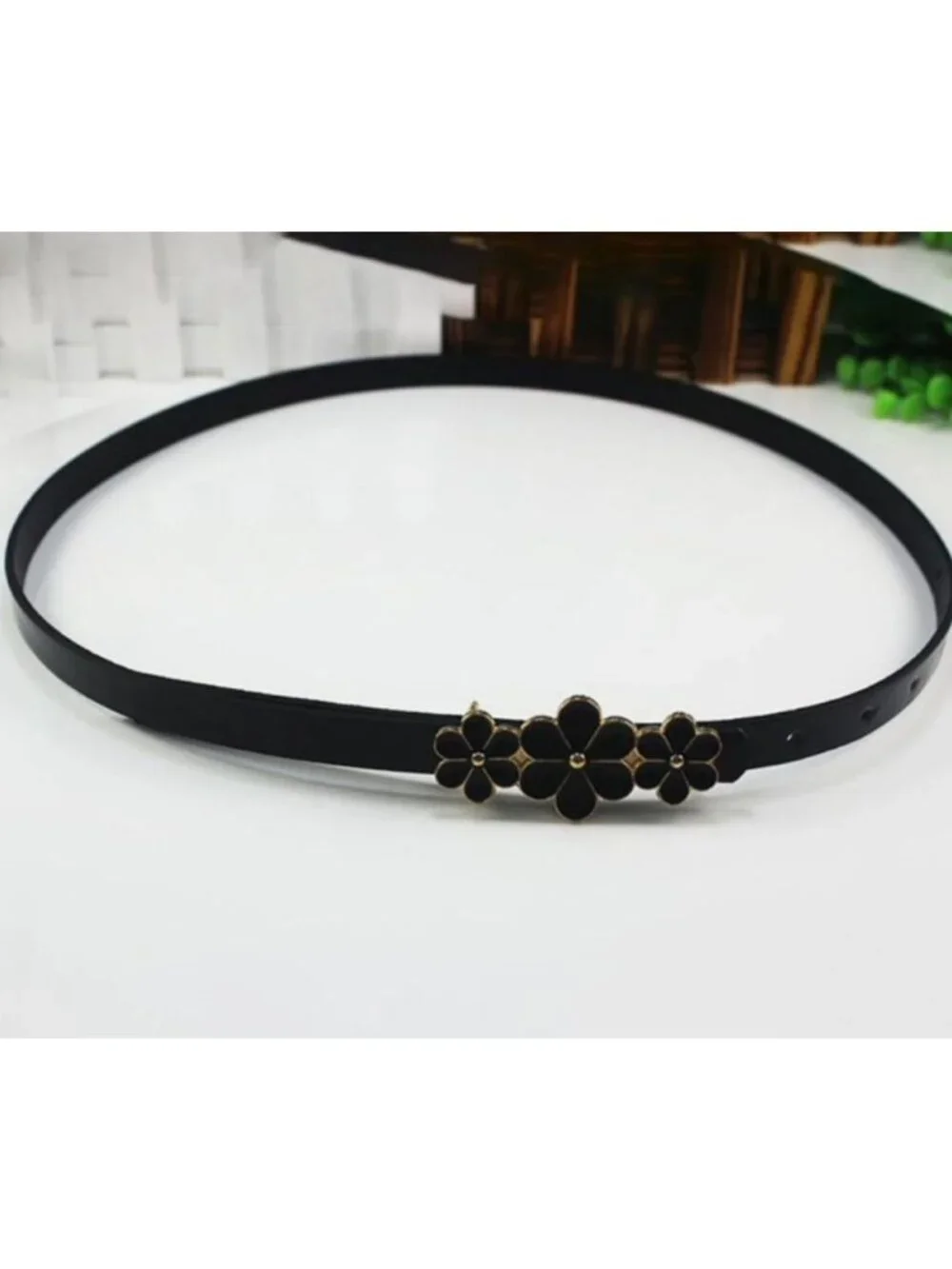 Floral Buckle Skinny Belt Set of 2 - Black & White with Gold Accents